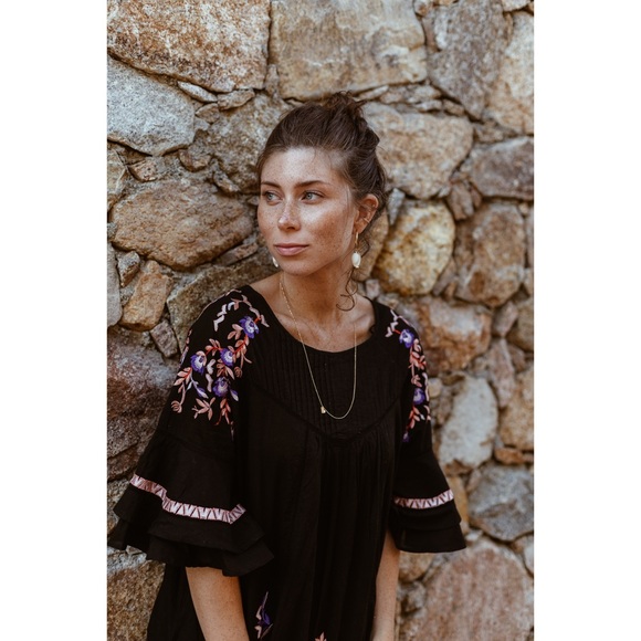 Free People Pavlo Embroidered Babydoll Tunic Mini Dress Black Floral Boho XS - Picture 4 of 12